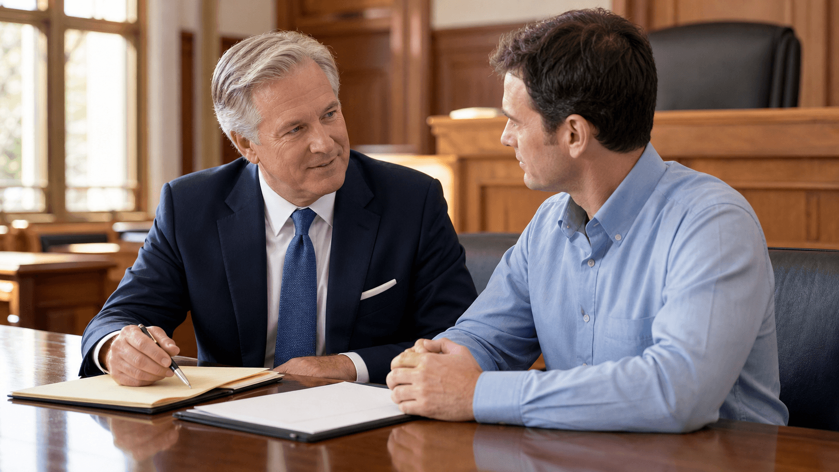 Attorney and client confer over case files at a polished courtroom table under warm, dramatic lighting.