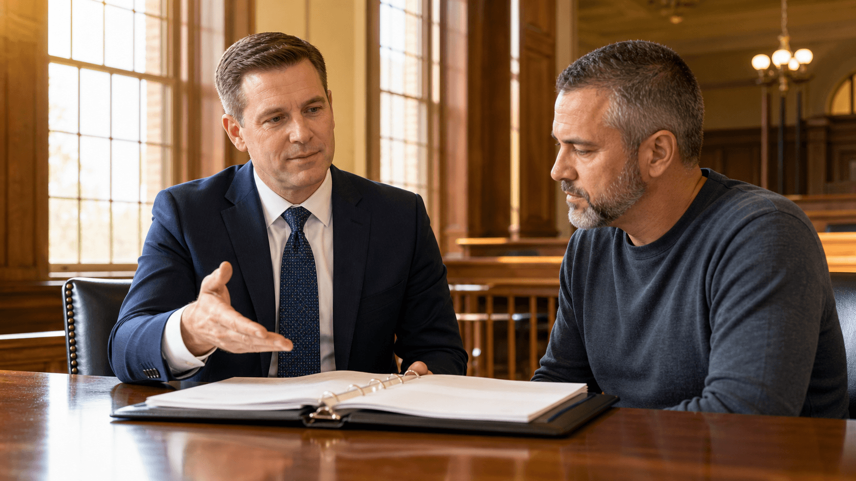 Gavel, court documents, and a calendar marked 30 days on a dark wooden desk.