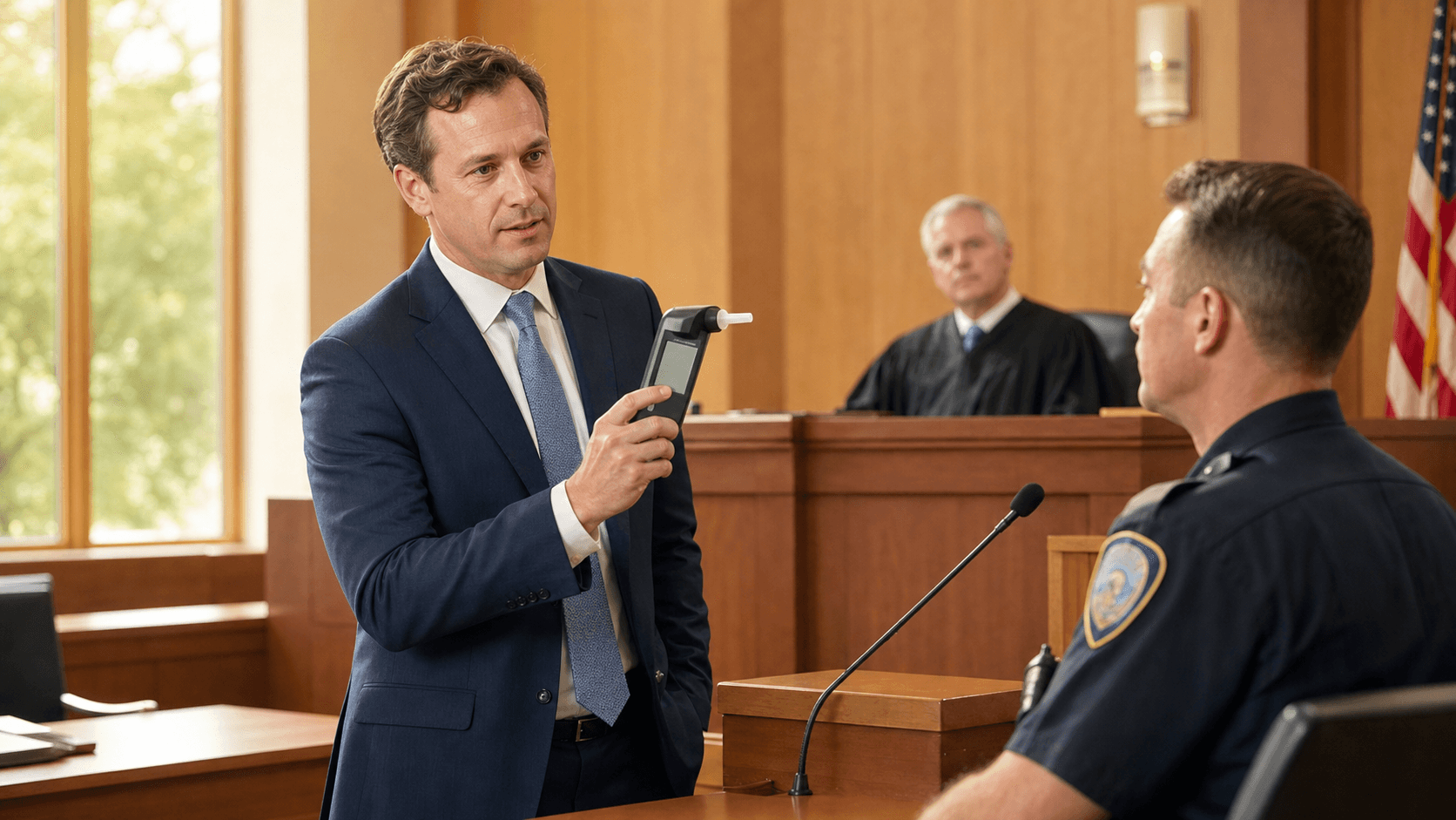Gavel beside a breathalyzer on a wooden desk under warm light, with blurred courthouse columns in the background.