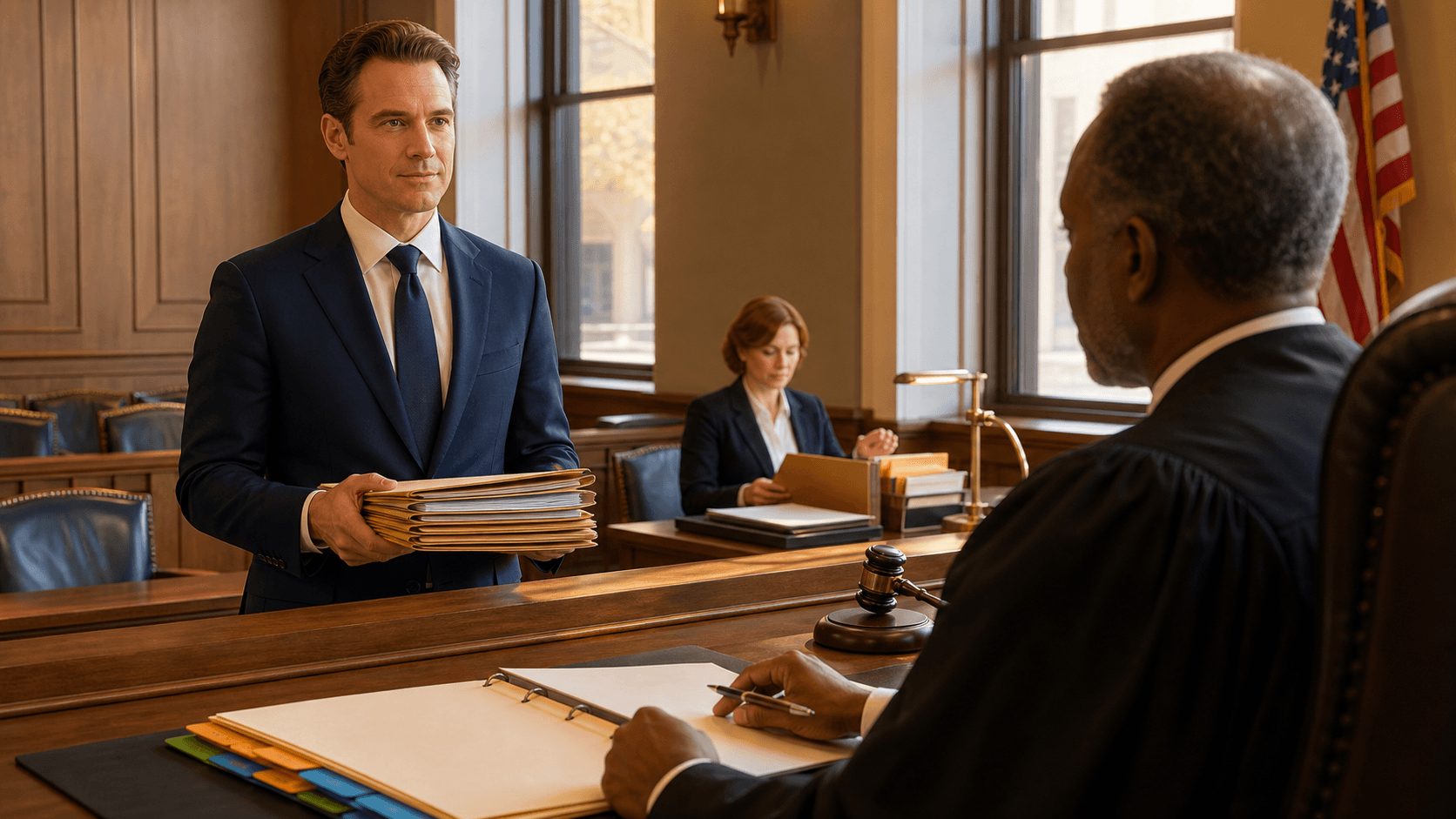 Gavel on a wooden desk beside blurred courthouse columns, moody lighting with cool blue-gray tones.